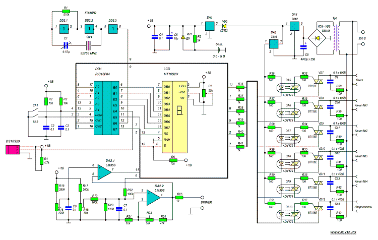 Схема многофункционального аквариумного контроллера на PIC16F628